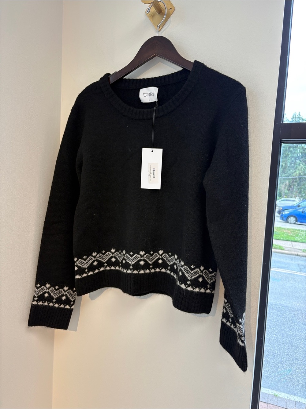 Stitches & Stripes Black Crewneck Sweater with White Fair Isle Trim